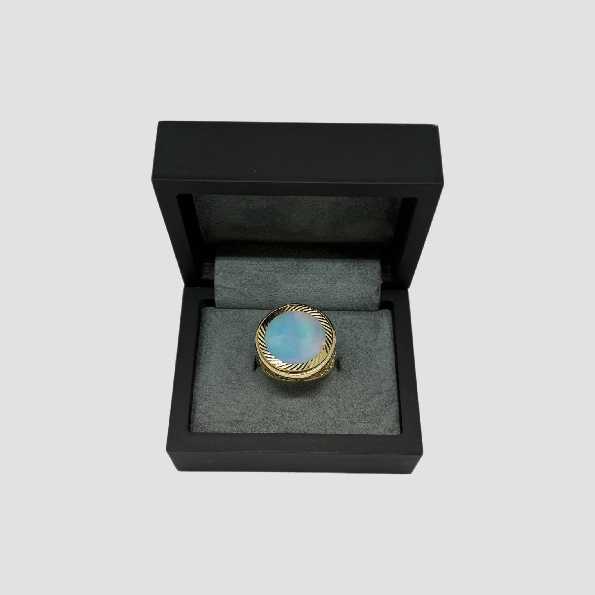 Rainbow Moonstone Half Sovereign Ring