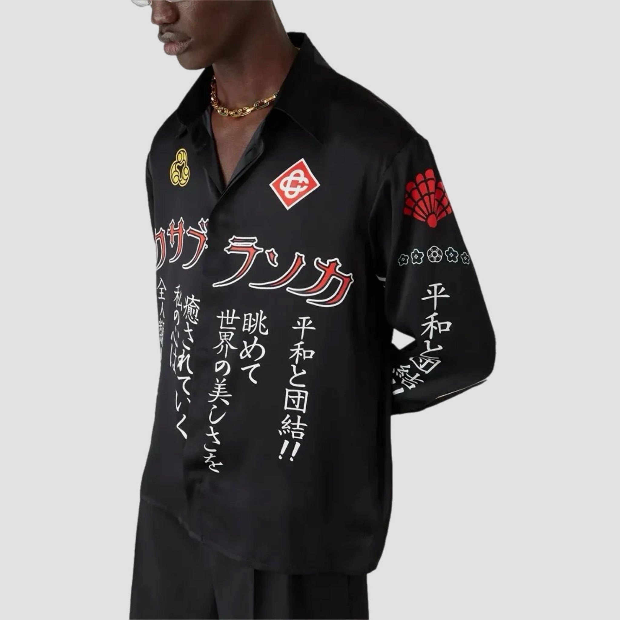Casablanca Emblem Long Sleeve Silk Satin Shirt