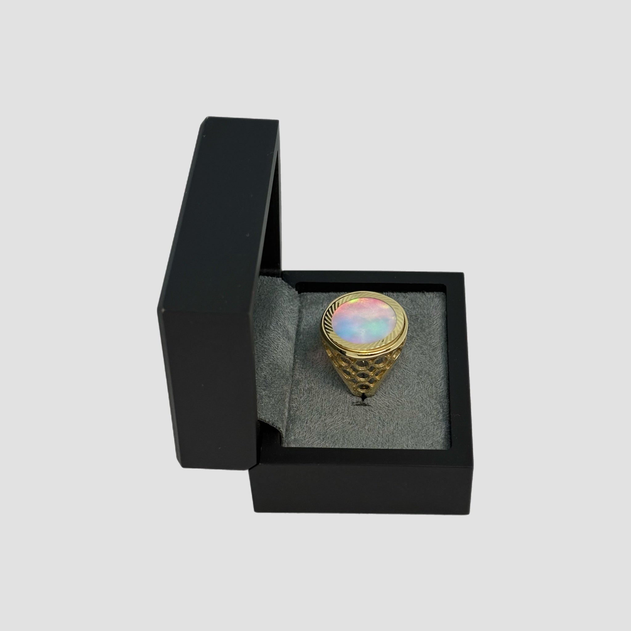 Rainbow Moonstone Half Sovereign Ring