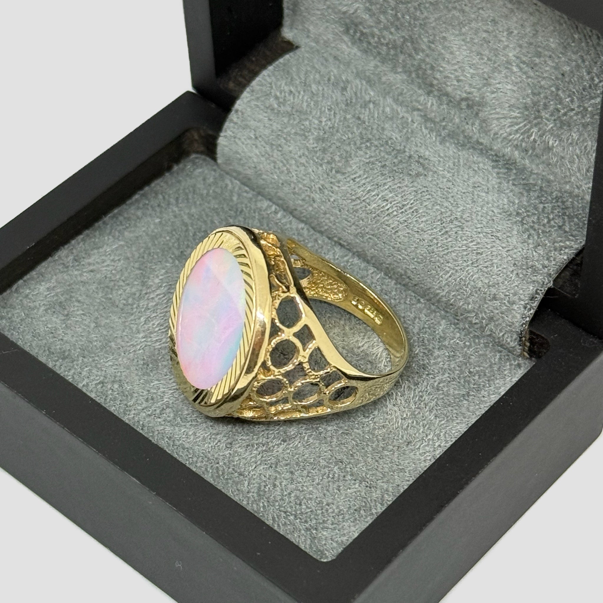 Rainbow Moonstone Half Sovereign Ring
