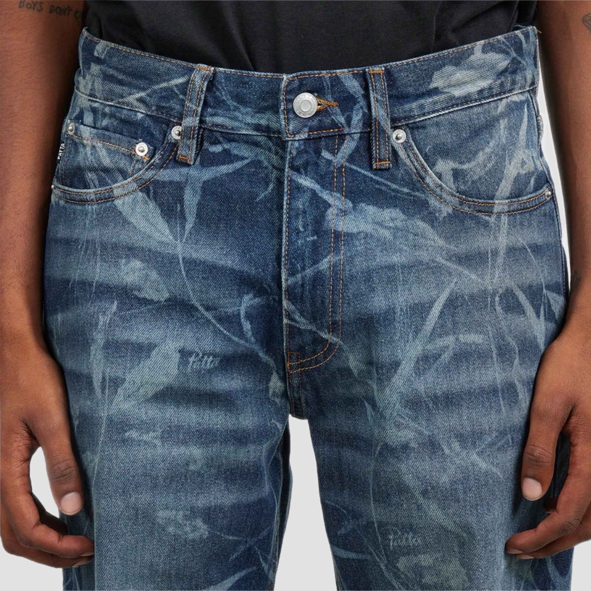 Patta Leaves Laser Print Denim Jeans